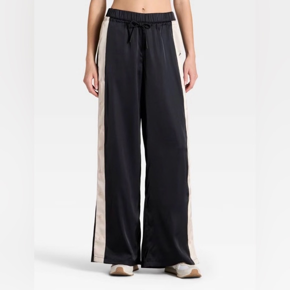 JoyLab Pants - JoyLab Black Wide-Leg Track Pants with Cream Side Stripes